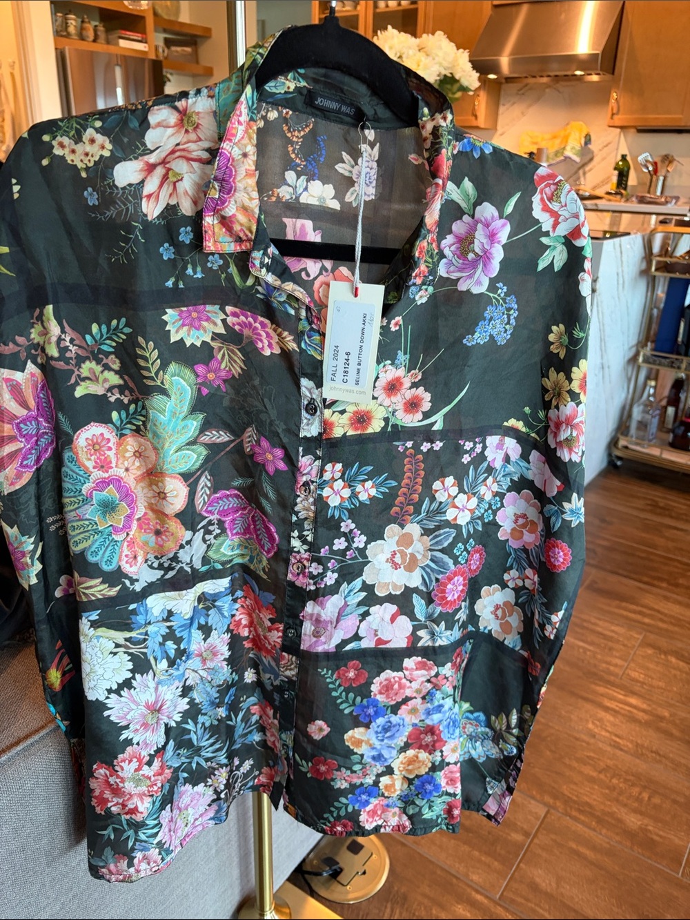 Johnny Was Black Floral Button-Down Shirt with Multicolor Blooms